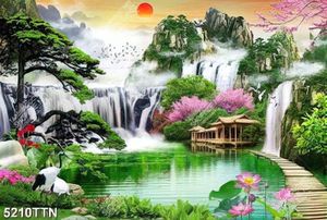 Tranh phong thủy những hàng hao anh đào nở rộ bên thác mước