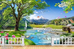 Tranh ban công bên dòng sông xanh và ngôi làng nhỏ chất lượng cao