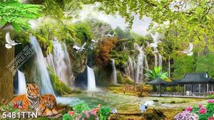 Tranh phong thủy con hổ và thác nước khổ ngang in kính