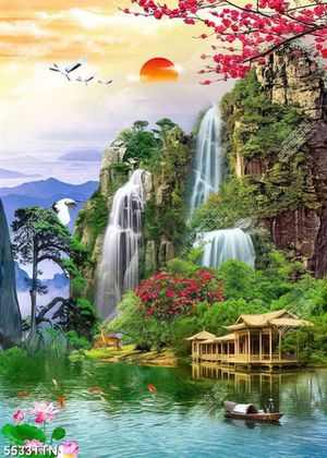 Tranh dán tường 3d hoa đào và phong cảnh hữu tình