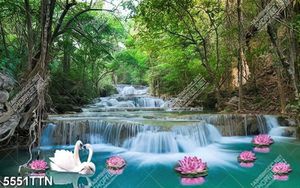 Tranh dán tường đôi thiên nga hoa sen và thác nước tuyệt đệp file gốc