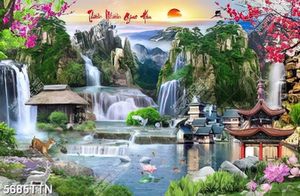 Tranh gạch thiên nhiên giao hòa ngôi chùa bên thác nước phong thủy