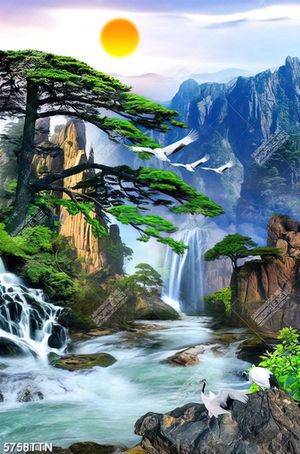 Tranh 3d phong thủy thác nước cây tùng dưới vầng dương