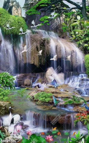 Tranh dán tường 3d in khổ dọc thác nước đẹp