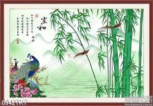 Tranh thư pháp chim công và cây trúc