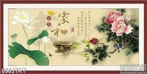 Tranh thư pháp hoa sen và hoa mẫu đơn
