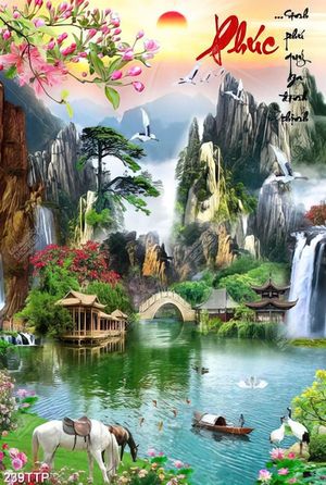 Tranh thư pháp treo tường phong thủy thác nước