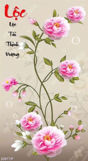 Tranh thư pháp in 3d nhành mẫu đơn thịnh vượng