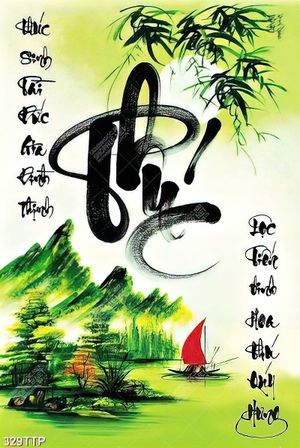 Tranh thư pháp trang trí chữ phúc bên con sông