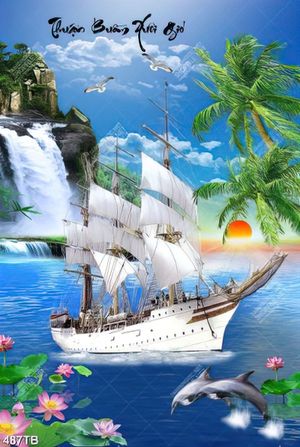 Tranh trang trí phòng khách thuyền buồm bên cá heo và hoa sen