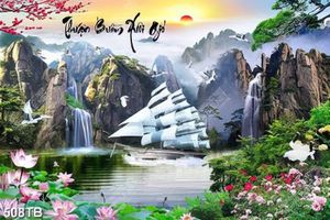Tranh phong cảnh thác nước đẹp và con thuyền trang trí tường khổ ngang