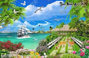 Tranh thiên nhiên giao hoà thuyền và biển bên vườn hoa