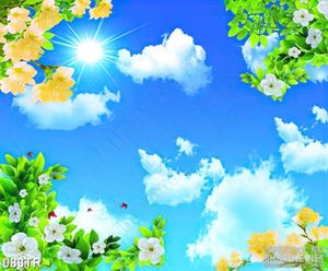 Tranh trần nhà 3d vườn hoa dưới bầu trời xanh