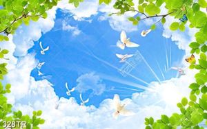 Tranh trần in uv bầy chim bồ câu dưới tán cây xanh