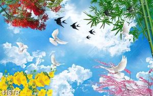 Tranh file psd dán trần đàn chim và hoa lá mùa xuân