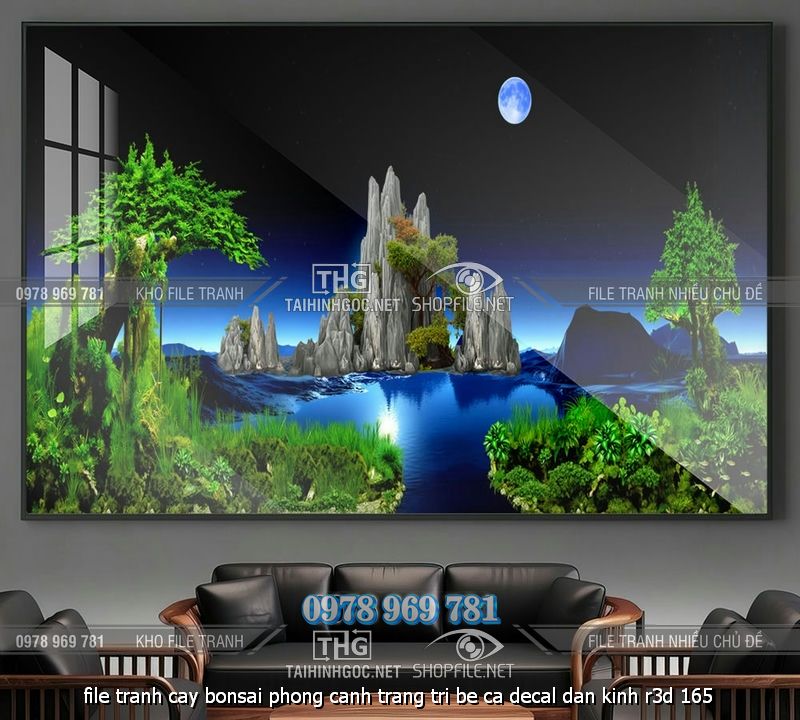 file tranh cay bonsai phong canh trang tri be ca decal dan kinh r3d 165