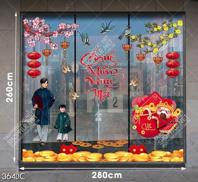 Tranh decal trang trí cửa kính chúc mừng năm mới