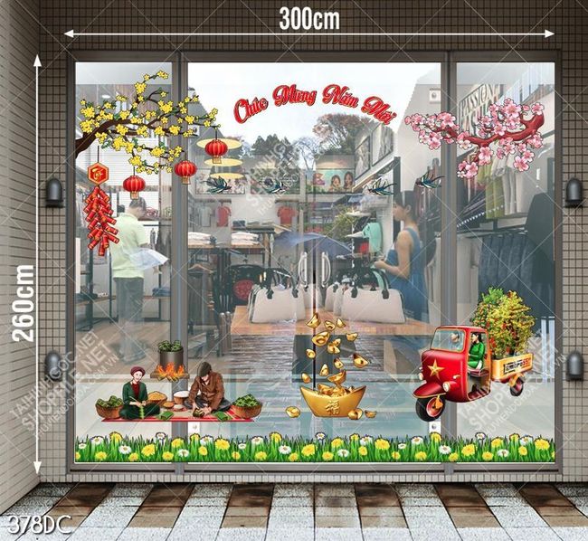 Tranh trang trí cửa kính gói bánh chưng và du xuân tết