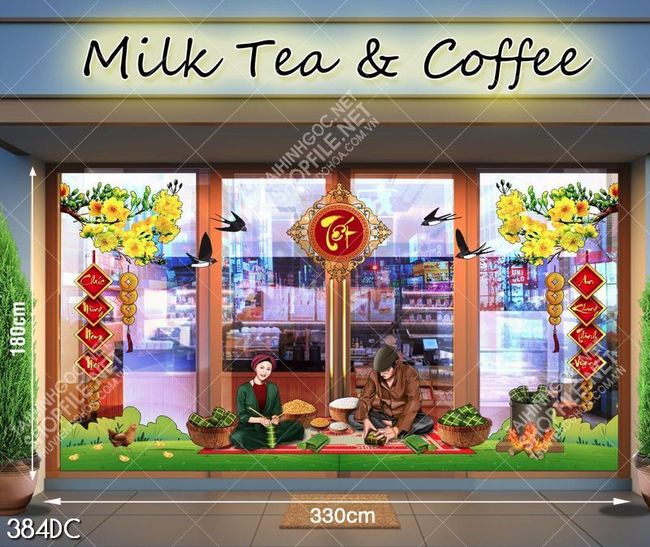 Tranh vector dan cửa kính gói bánh chưng đón tết