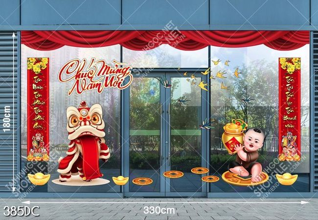 Tranh file cdr lân đỏ và em bé bưng hủ vàng
