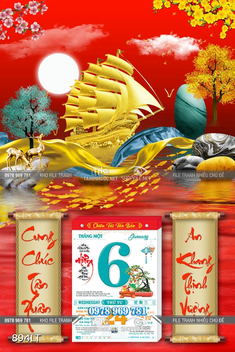 File tranh thuận buồm xuôi gió in lịch Tết