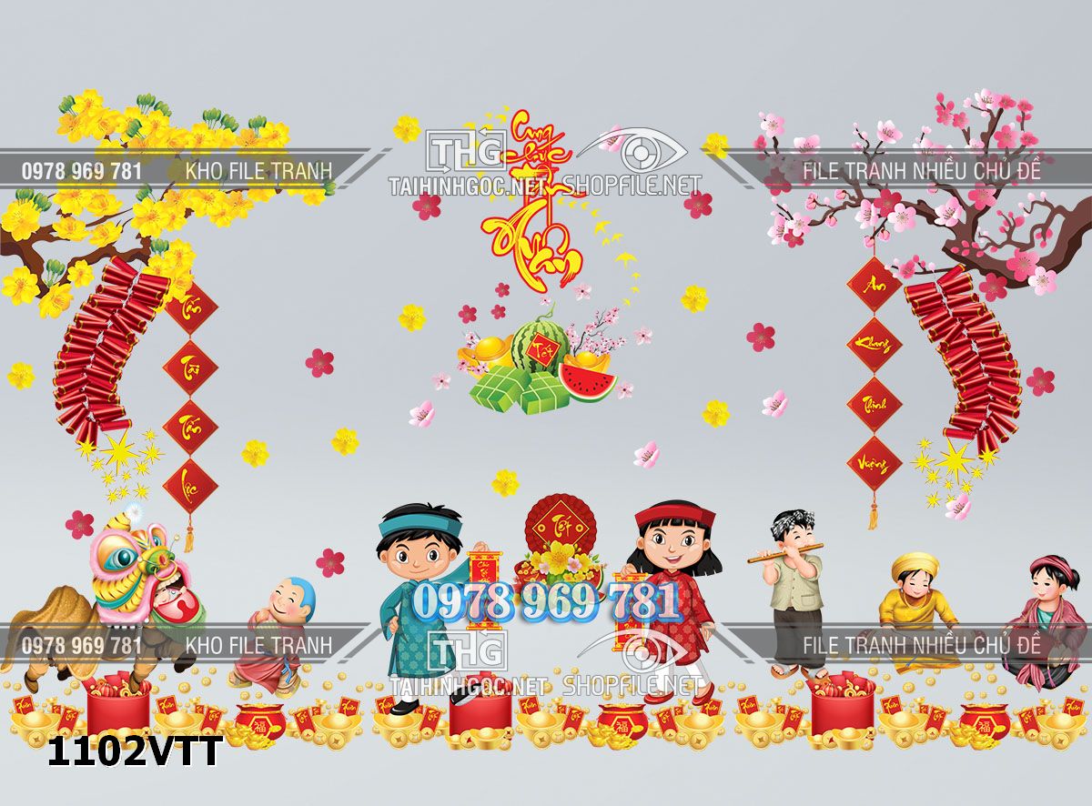 File vector decal dán kính tết em bé mai đào bánh chung pháo hoa 1102VTT