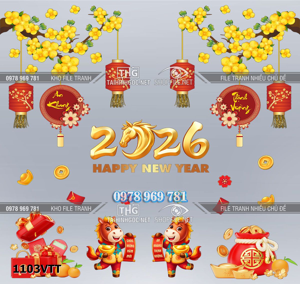 File decal dán kính tết năm mớ 2026 năm bính ngọ mai đào 1103VTT