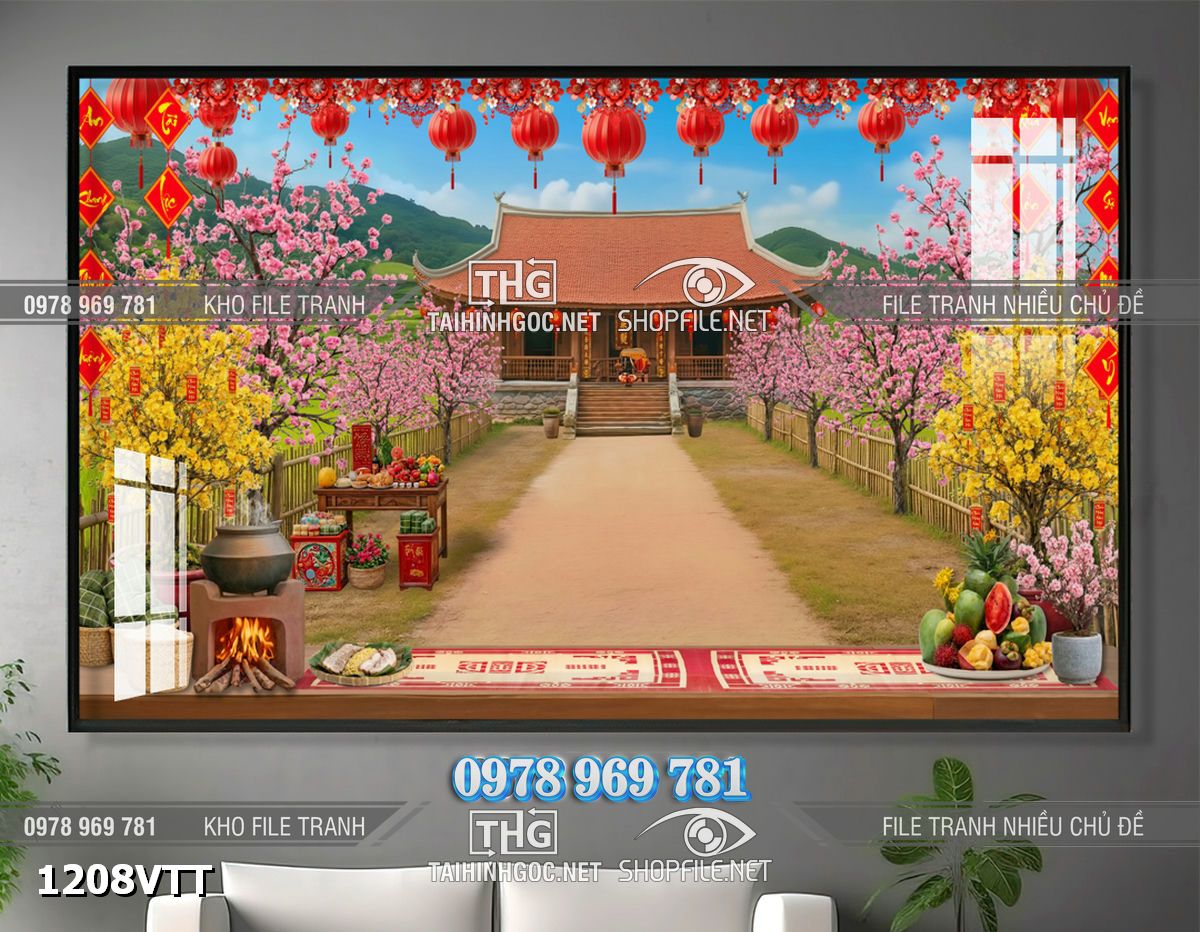 File psd tranh trang trí tết đình chùa phông chụp hình tết background tết 1208VTT