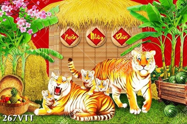 Tranh gia đình hổ làng quê vui vẻ chào đón xuân nhâm dần 2022