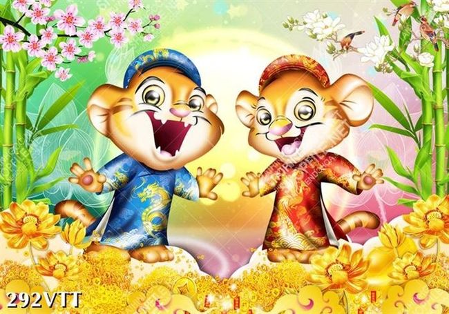 Tranh cặp hổ trong bộ áo dài truyền thống chào năm mới