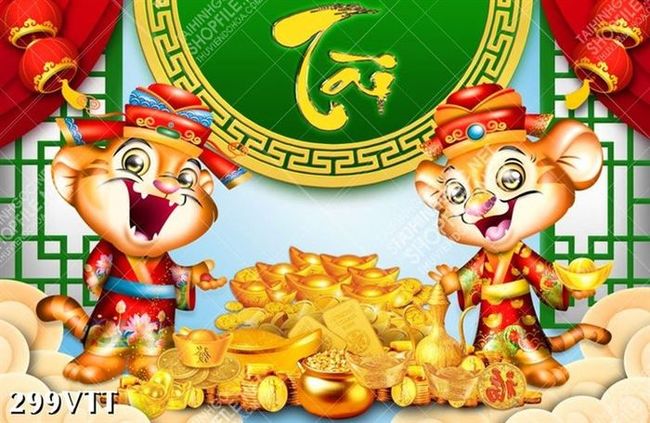 Tranh cặp hổ bên núi vàng mang lại may mắn tài lộc