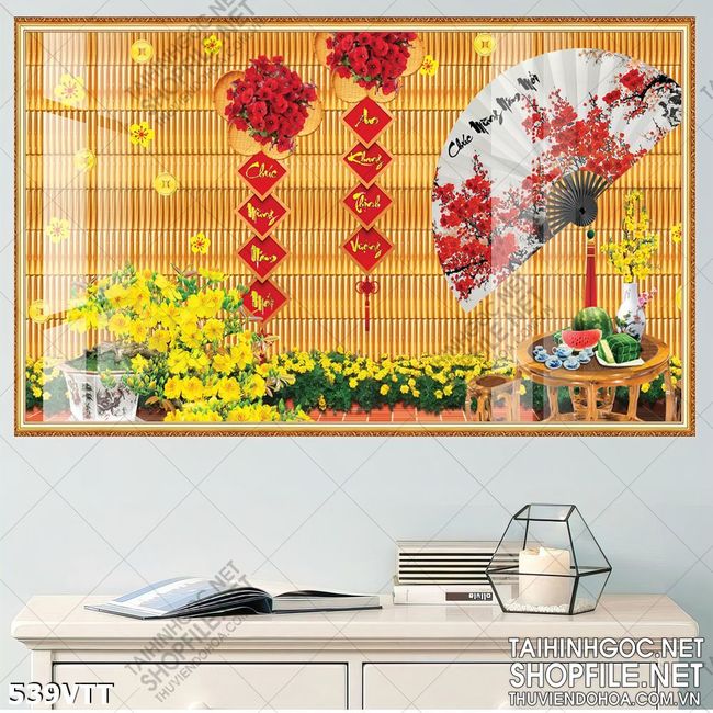 File In hoa mai vàng câu đối đỏ chúc mừng năm mới