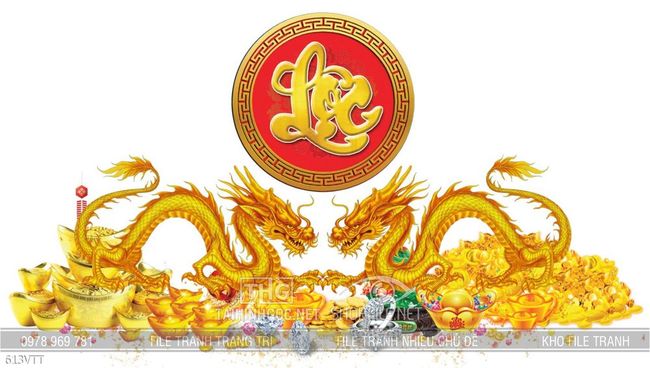File vector tranh lộc và cặp rồng vàng