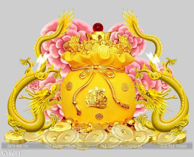 File PSD cặp rồng vàng uốn lượn bên túi vàng