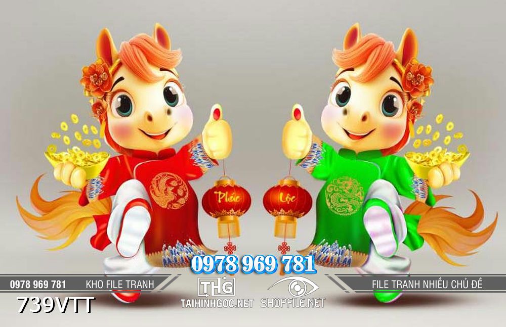 File tranh cặp ngựa cầm đèn lồng đỏ 739VTT