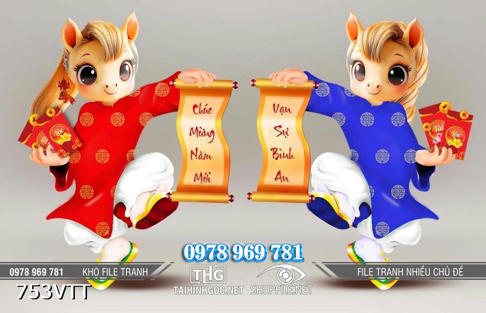 File tranh Ngựa áo dài cầm câu đối mừng xuân Bính Ngọ 753VTT