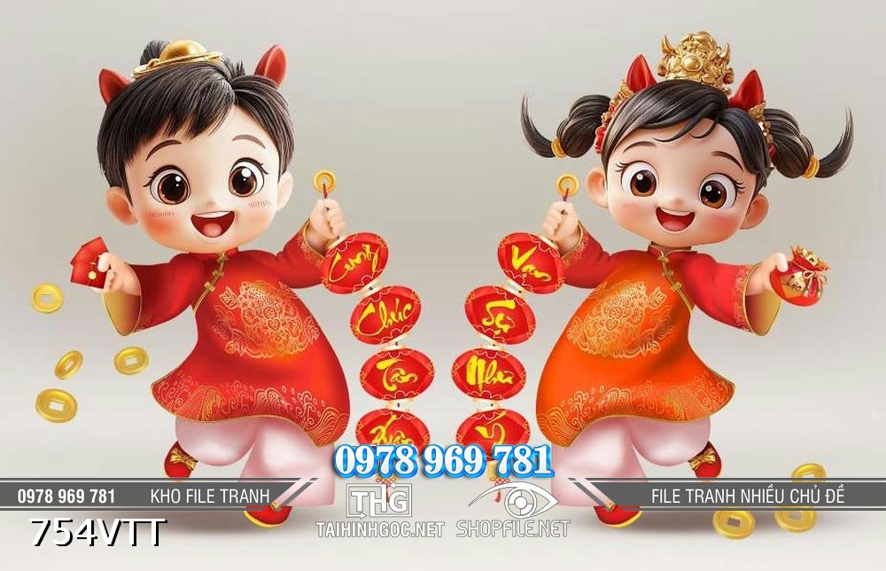 File tranh em bé đáng yêu cầm đèn lồng đỏ 754VTT