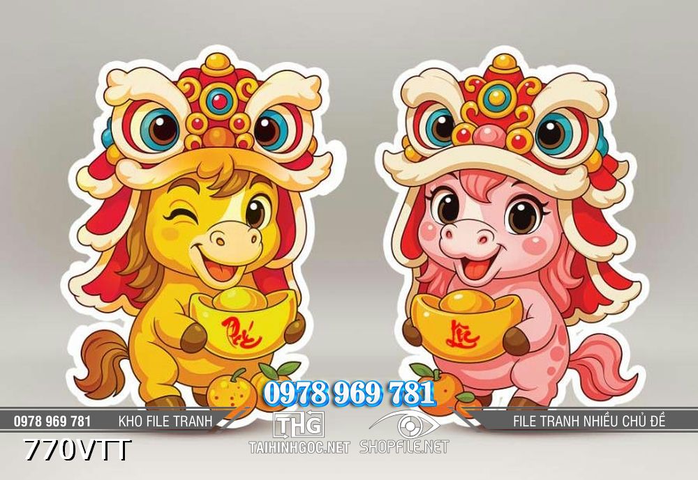 File tranh PSD ngựa chibi múa lân đón xuân mới 770VTT