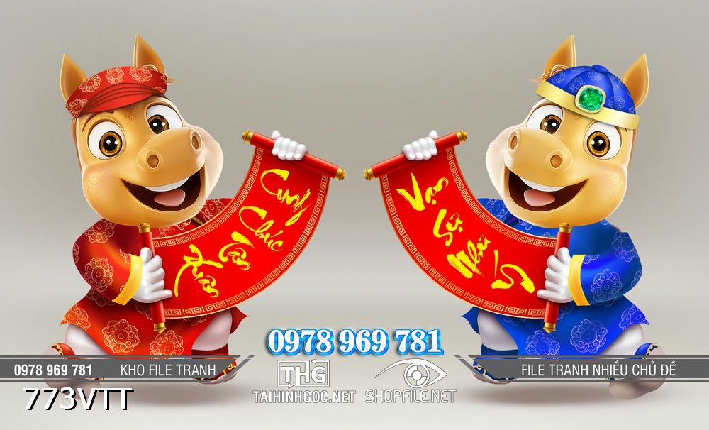 File tranh cặp ngựa cầm câu đối đỏ chào xuân 2026 773VTT