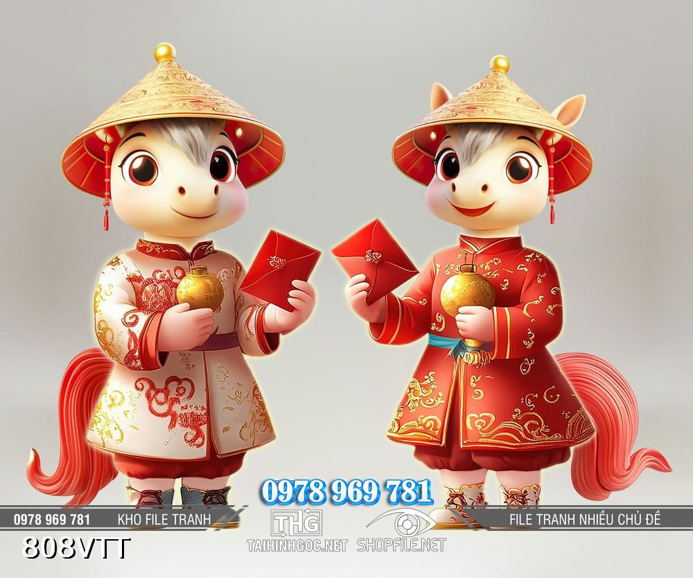 File tranh cặp ngựa cầm bao lì xì đỏ 808VTT