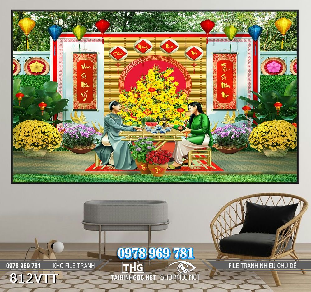 File tranh phông nền Tết cô gái tâm sự đầu năm 812VTT