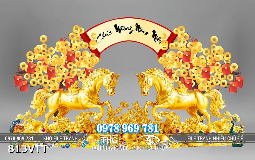 File tranh psd ngựa vàng chúc mừng năm mới 813VTT