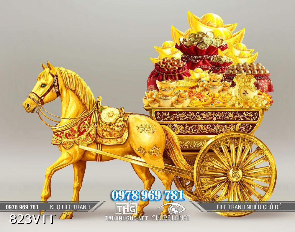 File tranh ngựa kéo xe tiền vàng đón xuân mới 2026 823VTT