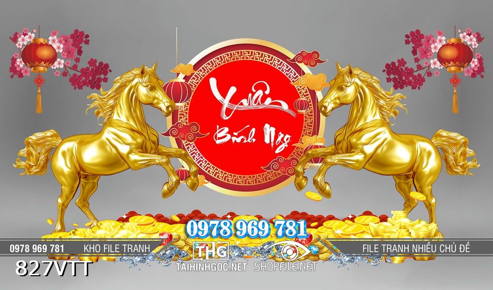 File tranh cặp ngựa vàng mừng xuân Bính Ngọ 2026 827VTT