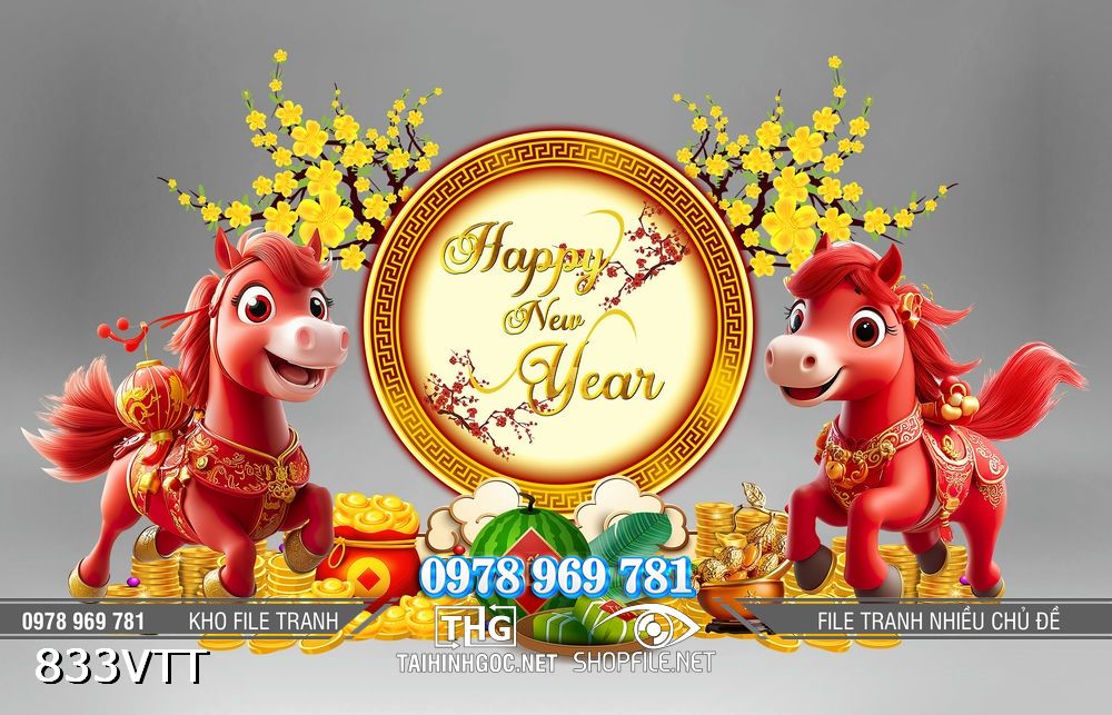 File tranh PSD cặp ngựa đỏ chúc mừng năm mới 2026 833VTT